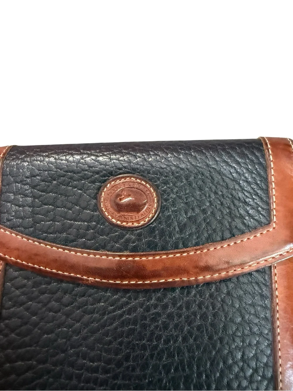 Vintage Dooney & Bourke Black Pebbled Leather Wallet with Brown Trim